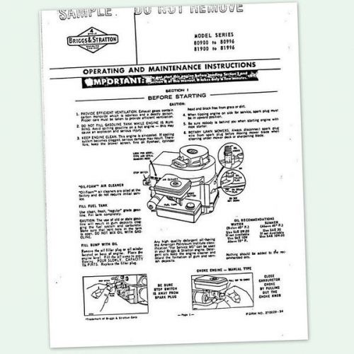 BRIGGS AND STRATTON 3hp ENGINE 80900 to 80996 OPERATING MANUAL OPERATORS POINTS