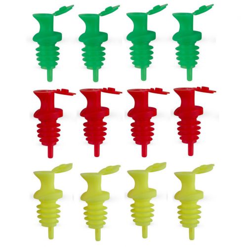 (12) pour &amp; seal free-flow liquor bottle pourers w/ lid - neon red/green/yellow for sale