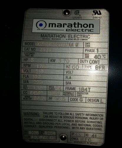 Brand new 5 hp cont duty motor, marathon electric, motor only, no factory box. for sale