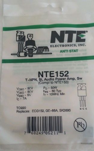 NTE NTE152 Anti Stat T-NPN, Si, Audio Power Amp, Sw (Compl to NTE153)