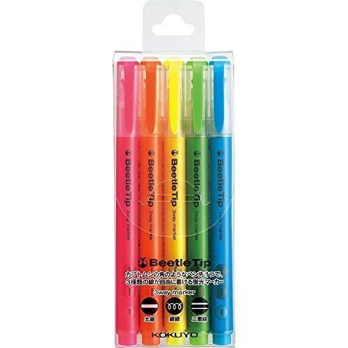 Kokuyo Beetle Tip 3-Way Highlighter Pen, 5-Color Set (PM-L301-5S)