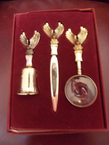 Eagle Metal Magnifier Glass Letter Opener And Bell  Desk Set In Box