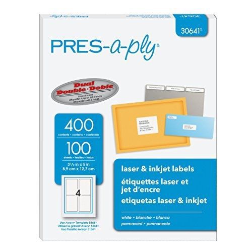 Pres-a-ply Labels for Laser &amp; Inkjet Printers, 3.5 x 5&#034;, White, Box of 400
