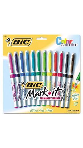 BIC MARK-IT PERMANENT Markers * ULTRA FINE Point * ASSORTED Colors * Set of 12