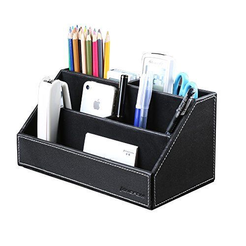 Pen Pencil Business Card Desktop Holder Organizer Office Wood Leather Black
