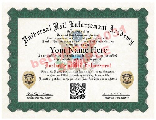BAIL ENFORCEMENT AGENT DIPLOMA PROP - (Custom w Your Name) SCANNABLE QR CODE