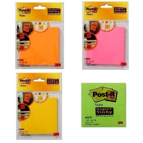 3M Post-It Super Sticky Notes 3&#034;x3&#034; Neon Pink Orange Yellow Green 76.2 x 76.2mm