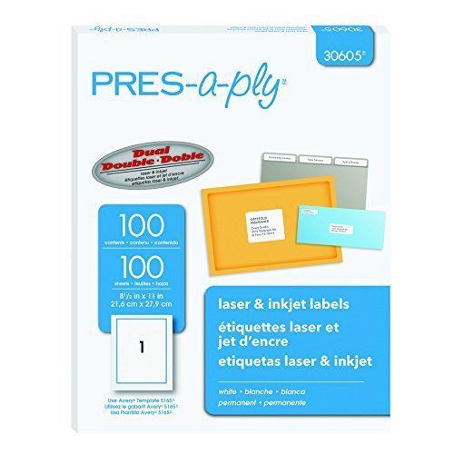Pres-a-ply Laser Address Labels, 8.5 x 11 Inches, White, Box of 100 (30605)