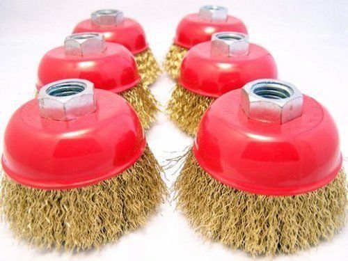 (6-pack) 3&#034; cup brush brass coated 0.012&#034; / 0.3mm steel wire m10x1.25 grinder for sale
