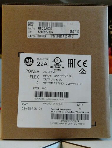 Power flex 3hp ac inverter drive 22a-d6p0n104 - brand new in box (nib) for sale