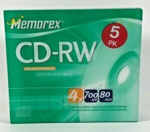 BRAND NEW MEMOREX 700MB 80-minute 4x CD-RW Rewritable Media (5-pack)  SEALED