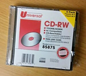 5 Pack Universal Brand CD-RW 80 Minute CD-Rewritable in Thin Line Jewel Cases