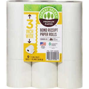 Forest Select Bond Receipt Paper Rolls, White, 3&#034; x 128&#039;, 9 Rolls Made in USA