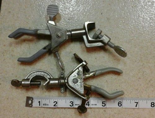 Lot of 2 used 3 prong clamps 6&#034; for chemistry lab CASTALOY FISHER PRECISION
