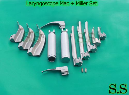 Laryngoscope Mac + Miller Set of10 BLADES &amp; 2 HANDLES EMT Anesthesia Intubation
