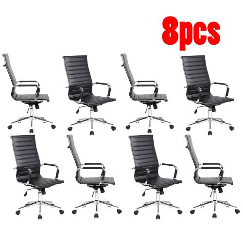 Set of eight (8) new conference room office chairs ribbed black pu leather lot for sale