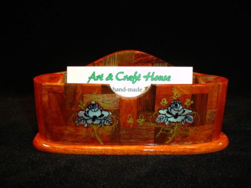 NEW Hand Carved Wood Art Mother Of Pearl inlaid FLOWERS Card Holder Home Office