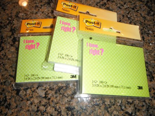 NWT 3 Post-it notes &#034;I know, right?&#034; green 3.9 in x 2.8 in