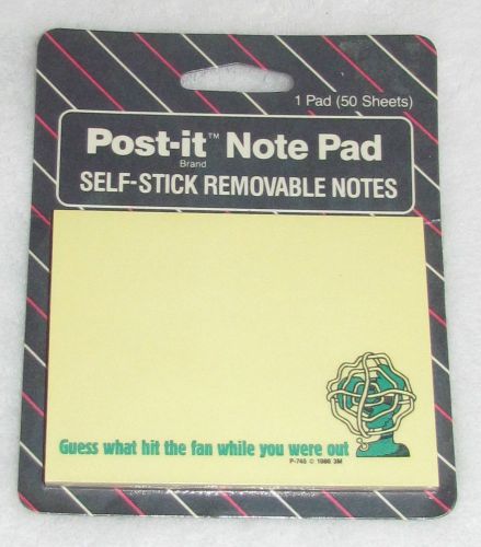 NEW! 1986 VINTAGE 3M POST-IT NOTES PAD GUESS WHAT HIT THE FAN 50 SHEETS 3&#034; X 4&#034;