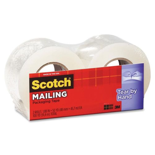 Scotch Mailing Packaging Tape, Tear-By-Hand, 1.88&#034; x 50 Yd, Clear, 2/Pack 3842