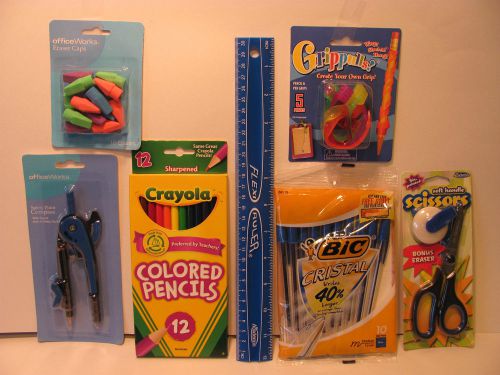 Ruler, 1 pk erasers, 1 pk gripulls, 1 pk  colored pencils, compass, etc.   #16
