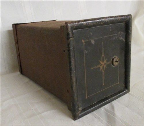 Small Metal Safety Deposit Box Wooden Drawer Cash Safe Bank Lock Box Vintage