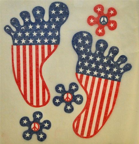Vintage 1970&#039;s T-Shirt Iron On Transfer Patriotic Foot Prints And Flowers