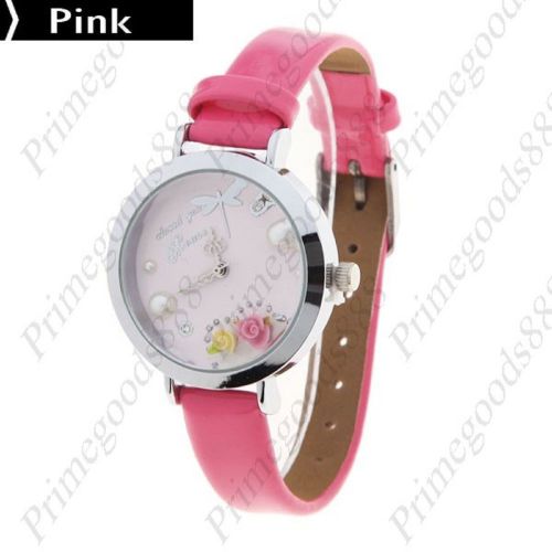 Dragonfly Flowers PU Leather Strap Quartz Wrist Wristwatch Women&#039;s Pink