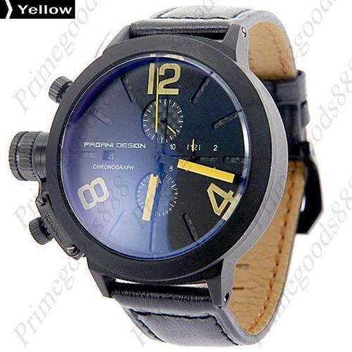 High end black face leather quartz sub dials date men&#039;s wrist wristwatch yellow for sale