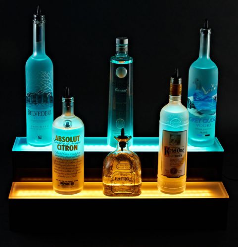 2 step bottle shelf display, 2 tier 72&#034; led lighted liquor shelve bottle display for sale
