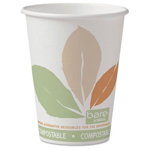 Bare Pla Paper Hot Cups, 12Oz, White W/Leaf Design, 50/Bag, 20 Bags/Ca