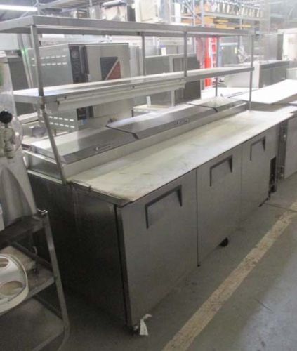 Tpp93 true 3 door pizza prep table with double over shelf for sale