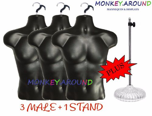 3 Male Mannequin Black Body Torso Form +1 Stand +3 Hook, Display Men Shirt Pants