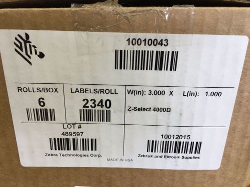 Zebra Z-Select Labels 3&#034;x1&#034; 2340 per roll 6 rolls 10010043 NEW