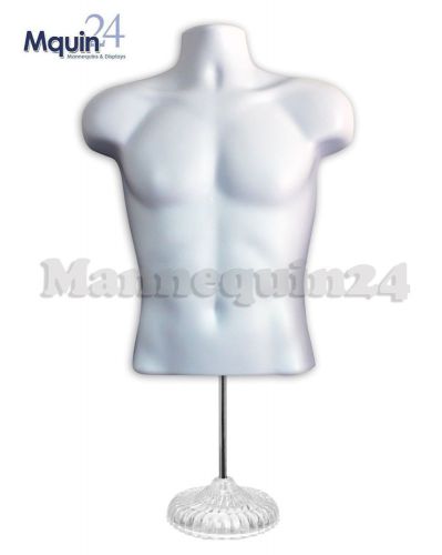 TORSO MANNEQUIN FORM WHITE MAN w/ ACRYLIC STAND +HANGING HOOK MALE DISPLAY