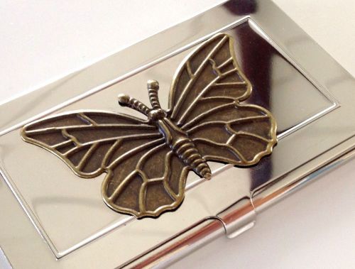 Stainless Steel Business Card Case Vintage Brass Butterfly