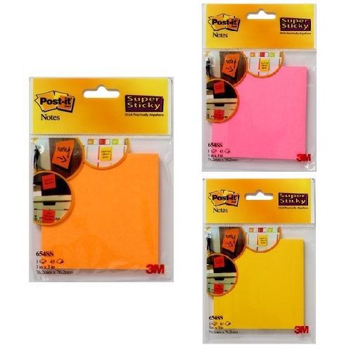 3M Post-It Super Sticky Notes 3&#034;x3&#034; | 76.2 x 76.2mm | Neon Pink Orange Yellow