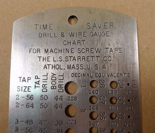 STARRETT No.185 DRILL &amp; WIRE GAGE GAUGE CHART for MACHINE SCREW TAPS *18