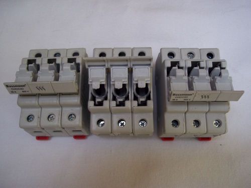 3 CLEAN USED BUSSMANN CH333D 30 AMP 600 VOLT DIN RAIL MOUNT 3 PHASE FUSE HOLDERS