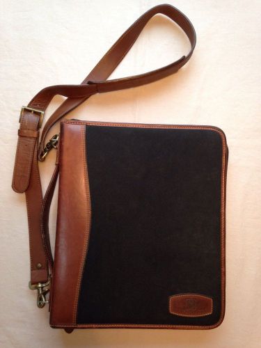 Vtg day timer distressed leather trim zippered 7-ring planner folio w/strap for sale