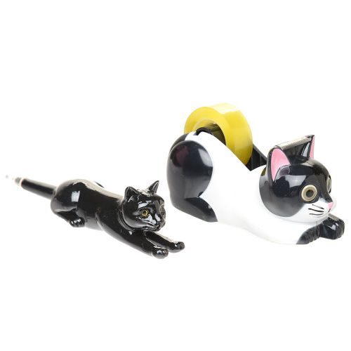 Black and White Cat Stationery Set ( Tape Dispenser and Pen )