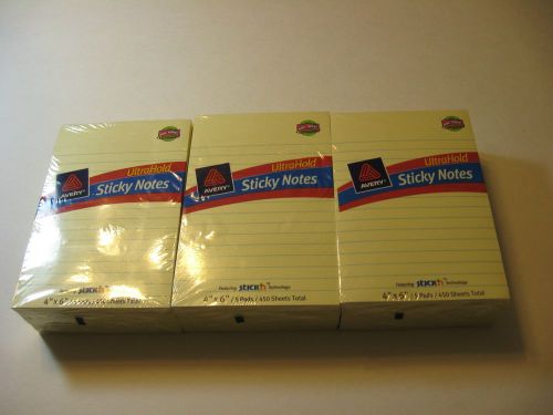 3 Pack Avery Ruled UltraHold Sticky Notes Yellow 4x6in. 1350 Sheets (Ave22718)