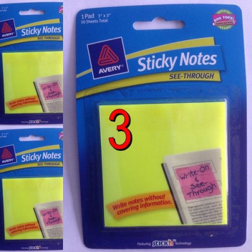 Avery Sticky Notes See-Through, 3&#034;x3&#034;, 50/pack - 3 Packs Post-It Like - #22585
