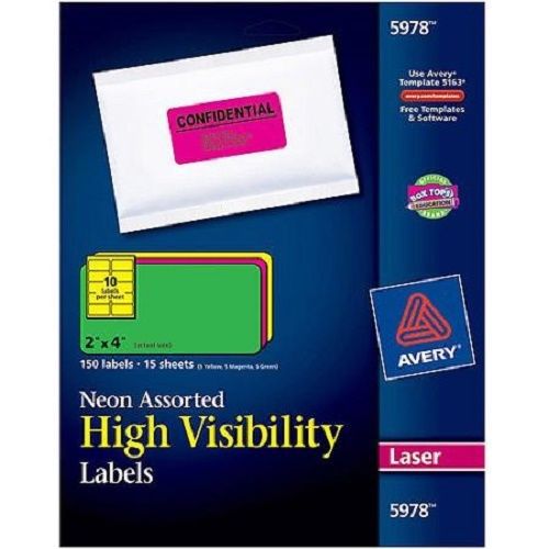 Avery 150 pk High Visibility Laser Labels 5978, Assorted Neon Colors, 2&#034; x 4&#034;
