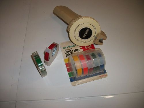 Vintage rotex labelmakeryellow 6 rolls tape yellow orange 2red 2green blue black for sale