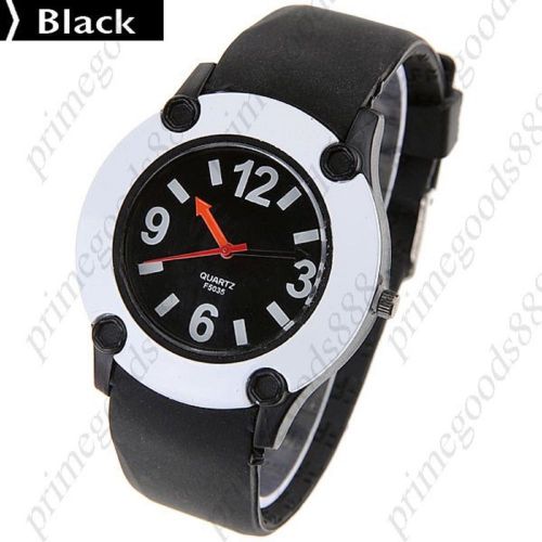 Unisex round quartz analog wrist watch rubber band in black free shipping for sale