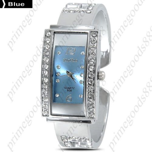Oblong Rhinestones Alloy Bracelet Bangle Lady Ladies Wristwatch Women&#039;s Blue
