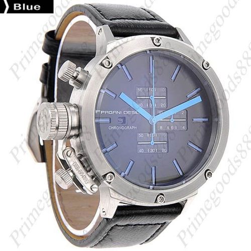 High End Silver Case Leather Quartz Sub Dial Date Men&#039;s Wrist Wristwatch Blue