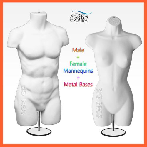 2 Mannequins Man + Woman Body Dress Form White Male + Female Clothing Display