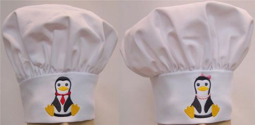 His &amp; Hers Fancy Dressed Up Penguins Chef Hat Set of 2 White Custom Embroidered